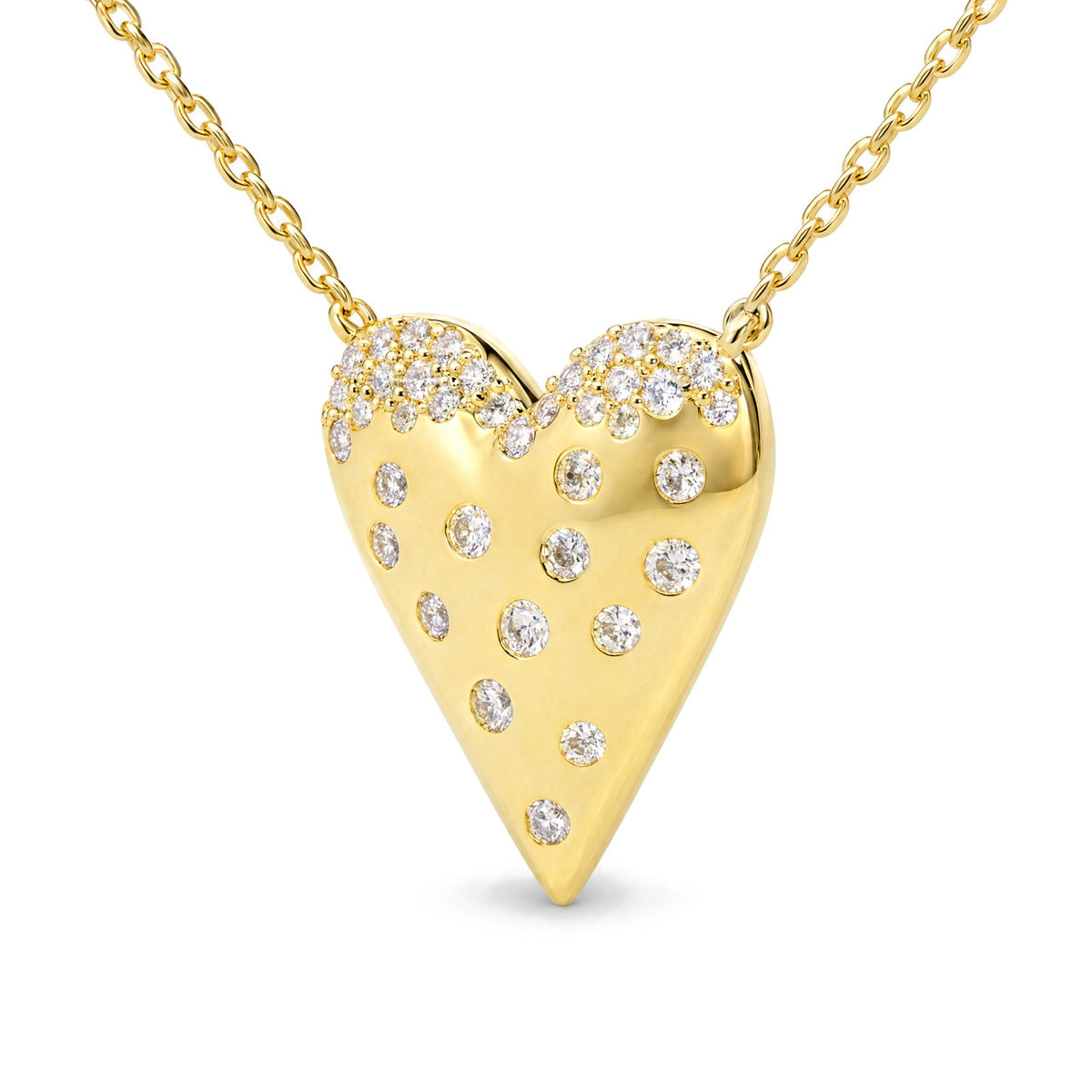 Close-up front view of a yellow metal heart-shaped pendant necklace featuring round white gemstones in pave and bezel settings, shown on a white background.