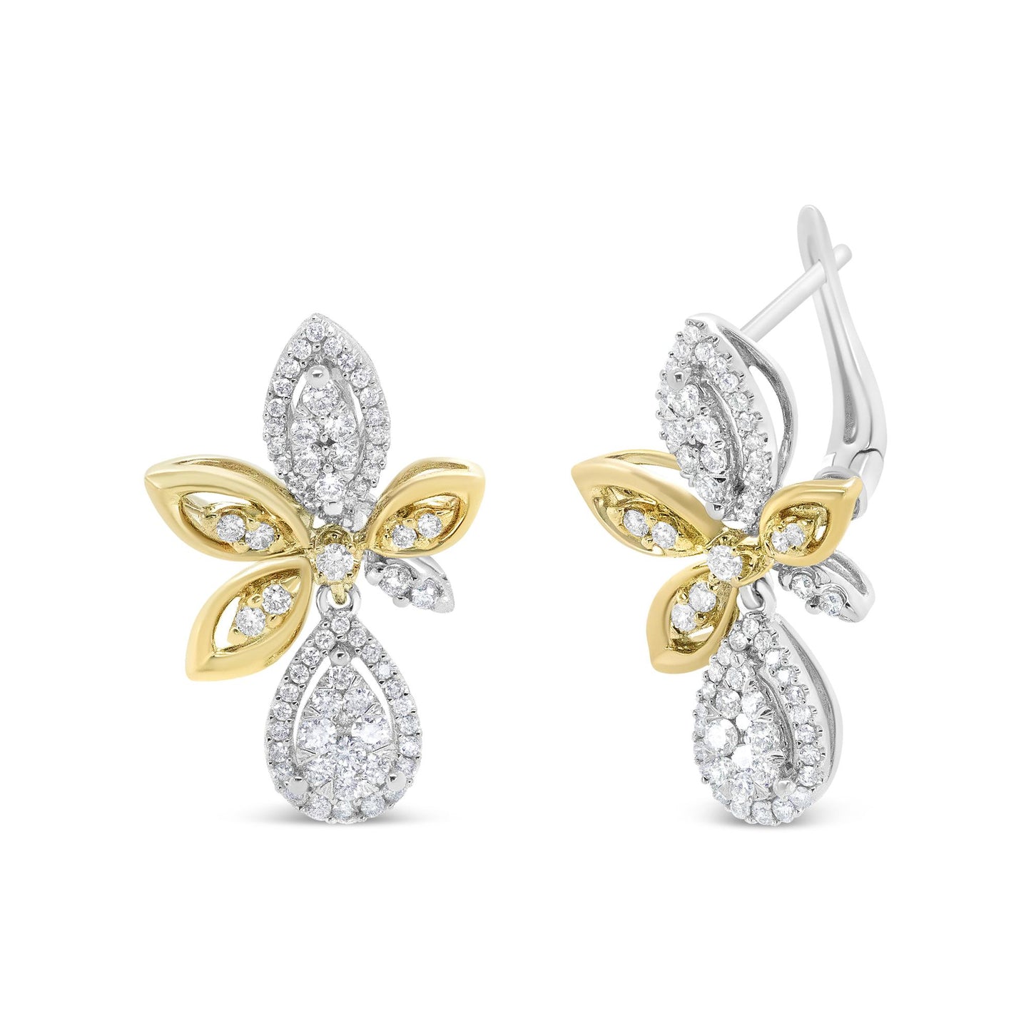 Pair of earrings shown from the front and side, featuring yellow and white metal in a floral-inspired design with round white gemstones in pave settings.