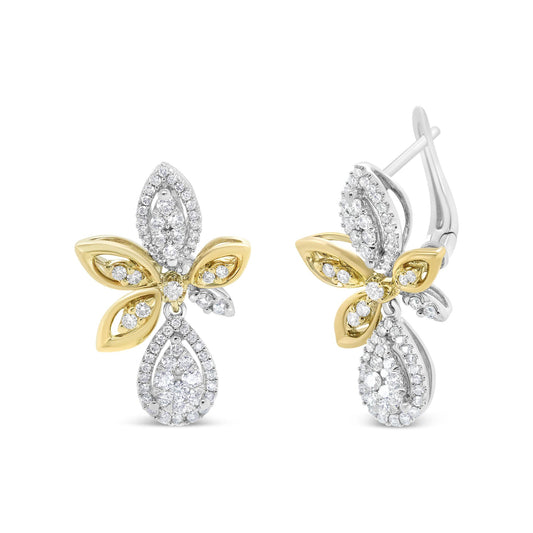 Pair of earrings shown from the front and side, featuring yellow and white metal in a floral-inspired design with round white gemstones in pave settings.