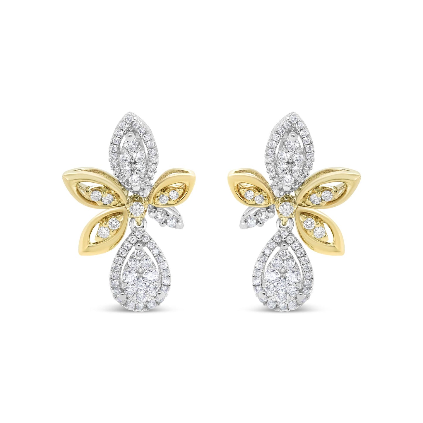 Front view of a pair of earrings with yellow and white metal in a floral design featuring multiple white gemstones in pave settings.