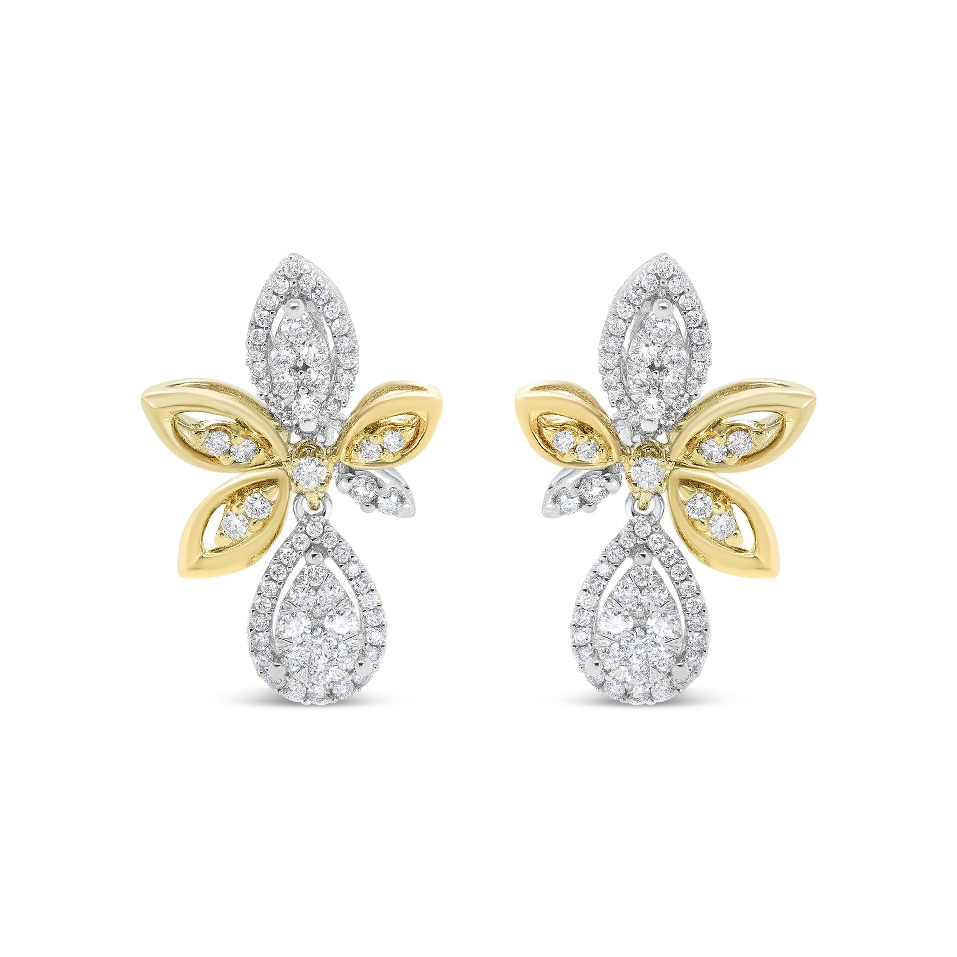 Front view of a pair of earrings with yellow and white metal in a floral design featuring multiple white gemstones in pave settings.