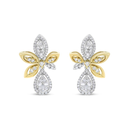 Front view of a pair of earrings with yellow and white metal in a floral design featuring multiple white gemstones in pave settings.