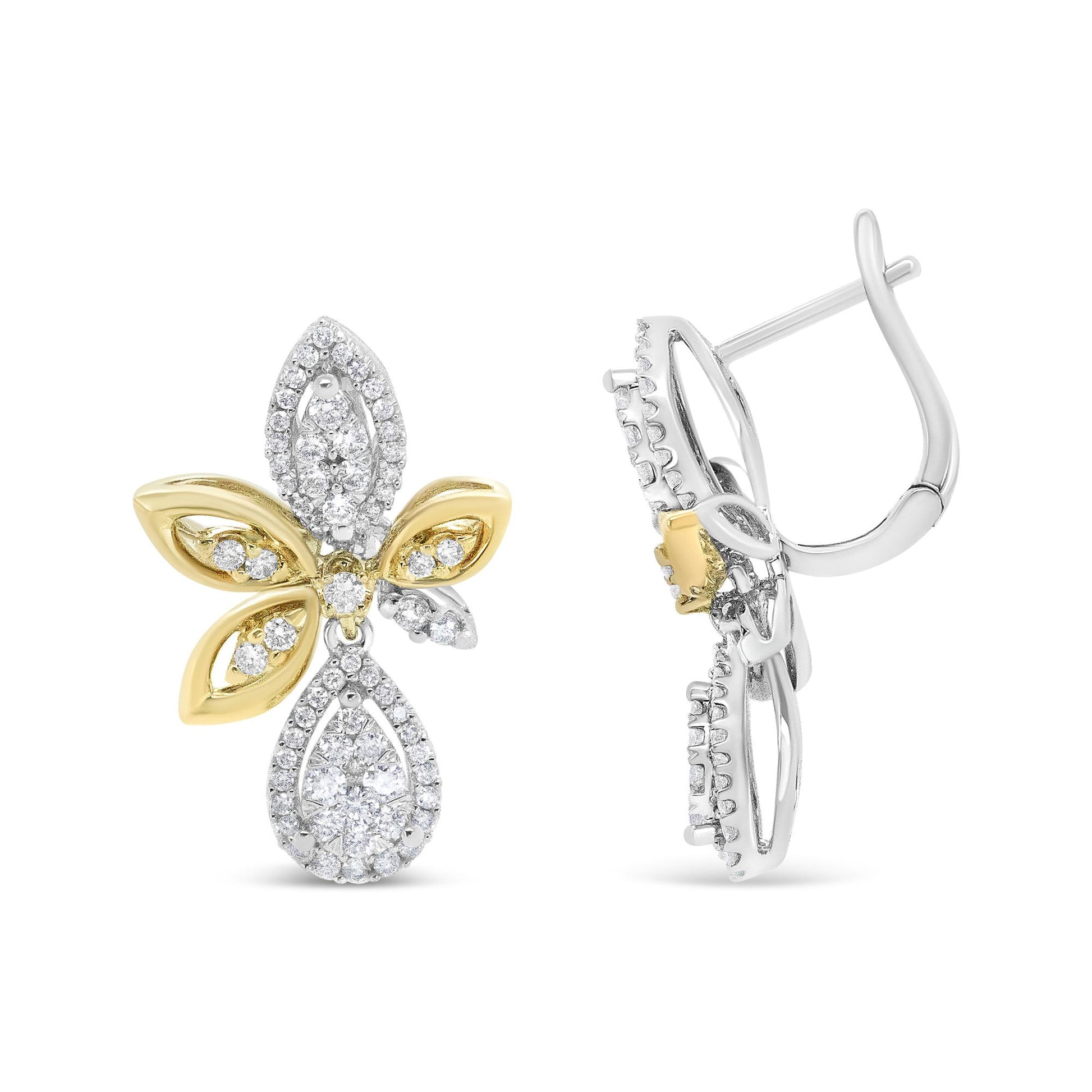 Two-tone earrings with yellow and white metal in a floral design featuring pave-set white gemstones; one earring shown from the front and the other from the side.