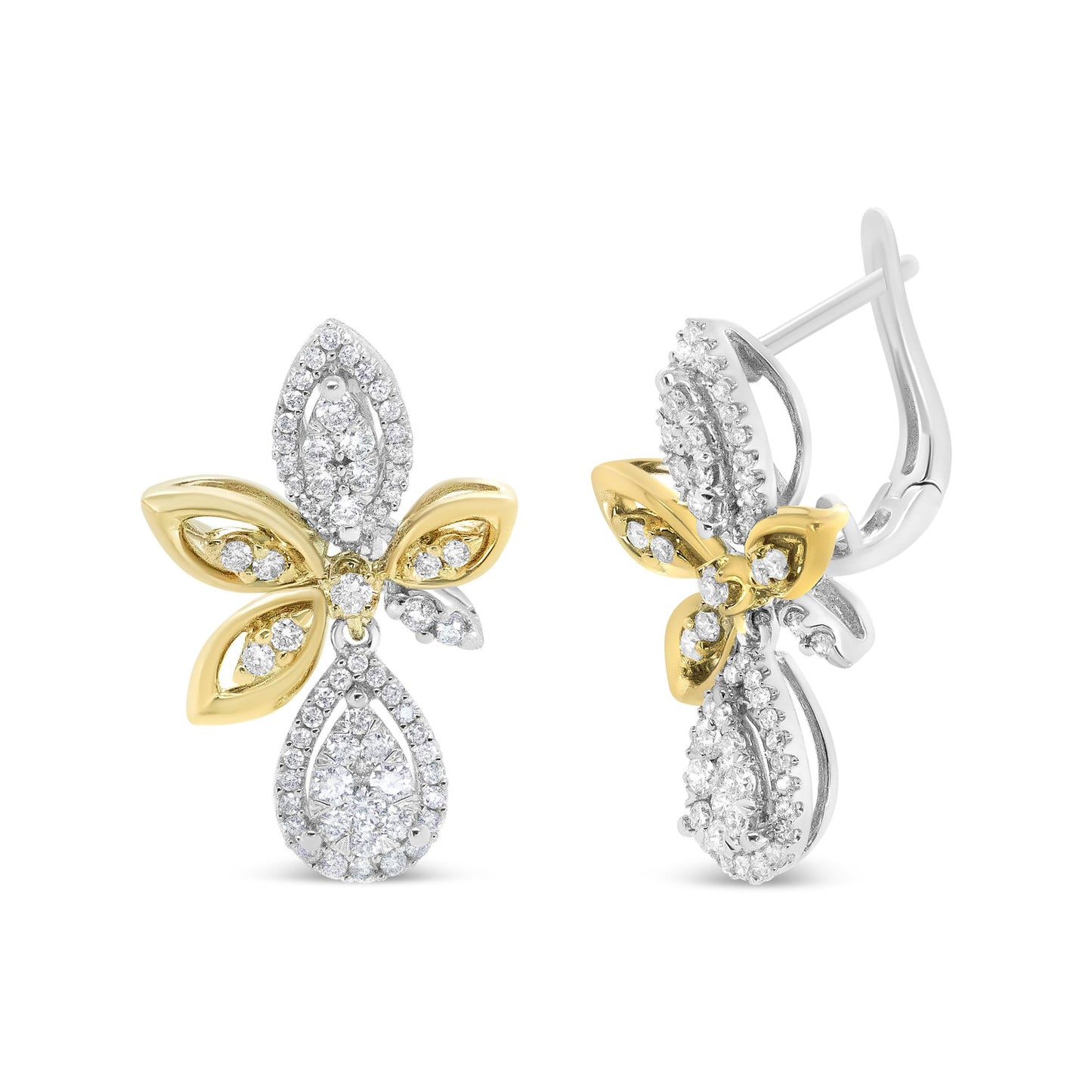 Front and side view of earrings with yellow and white metal featuring round white gemstones in pave settings.