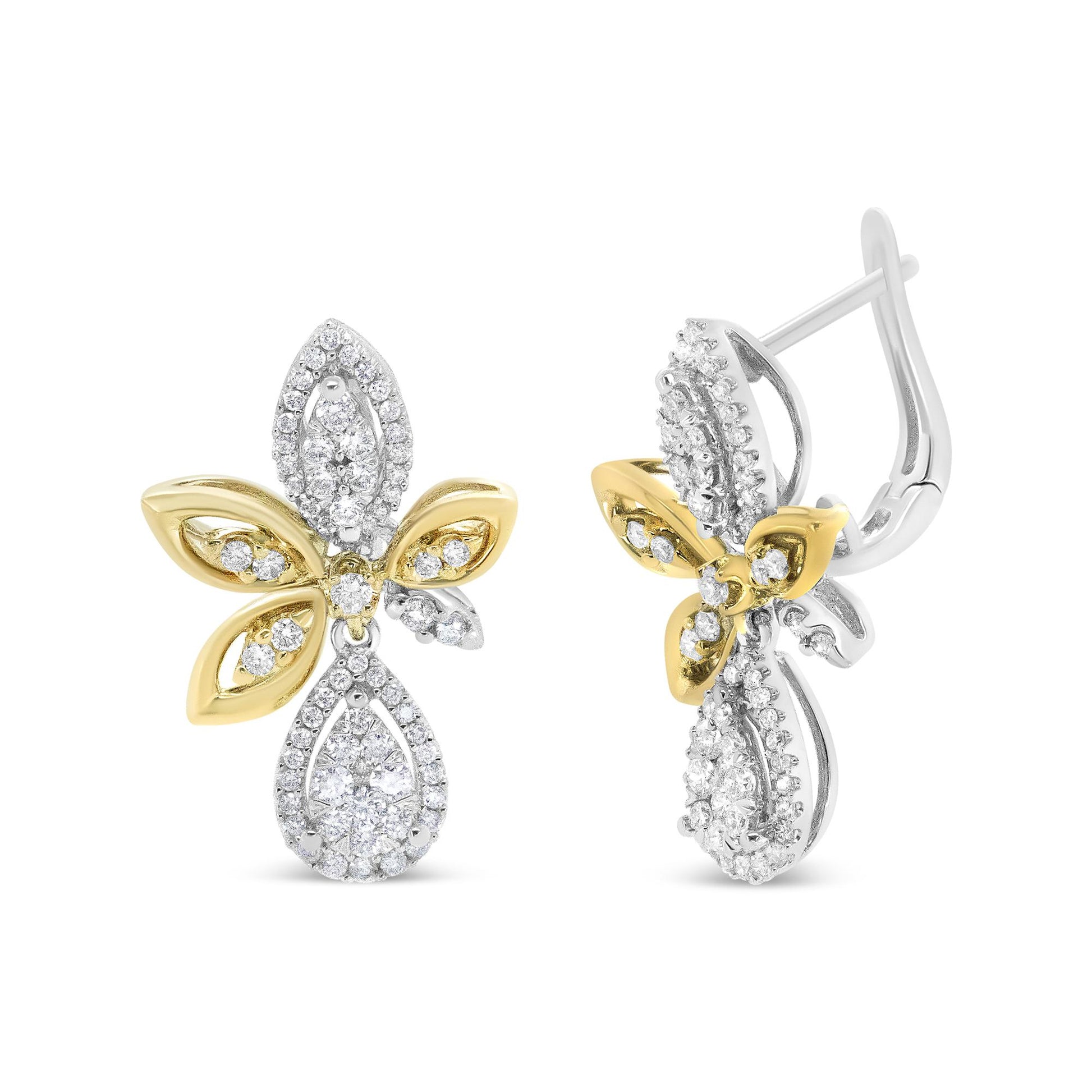 Front and side view of earrings with yellow and white metal featuring round white gemstones in pave settings.