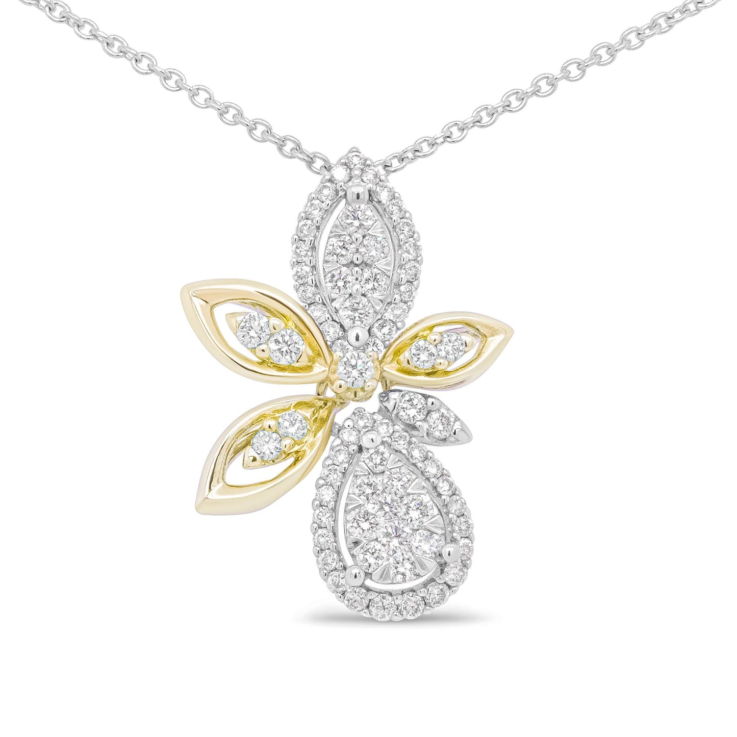 Front view of a necklace pendant with yellow and white metal designed as a floral shape, featuring multiple round white gemstones in prong settings.
