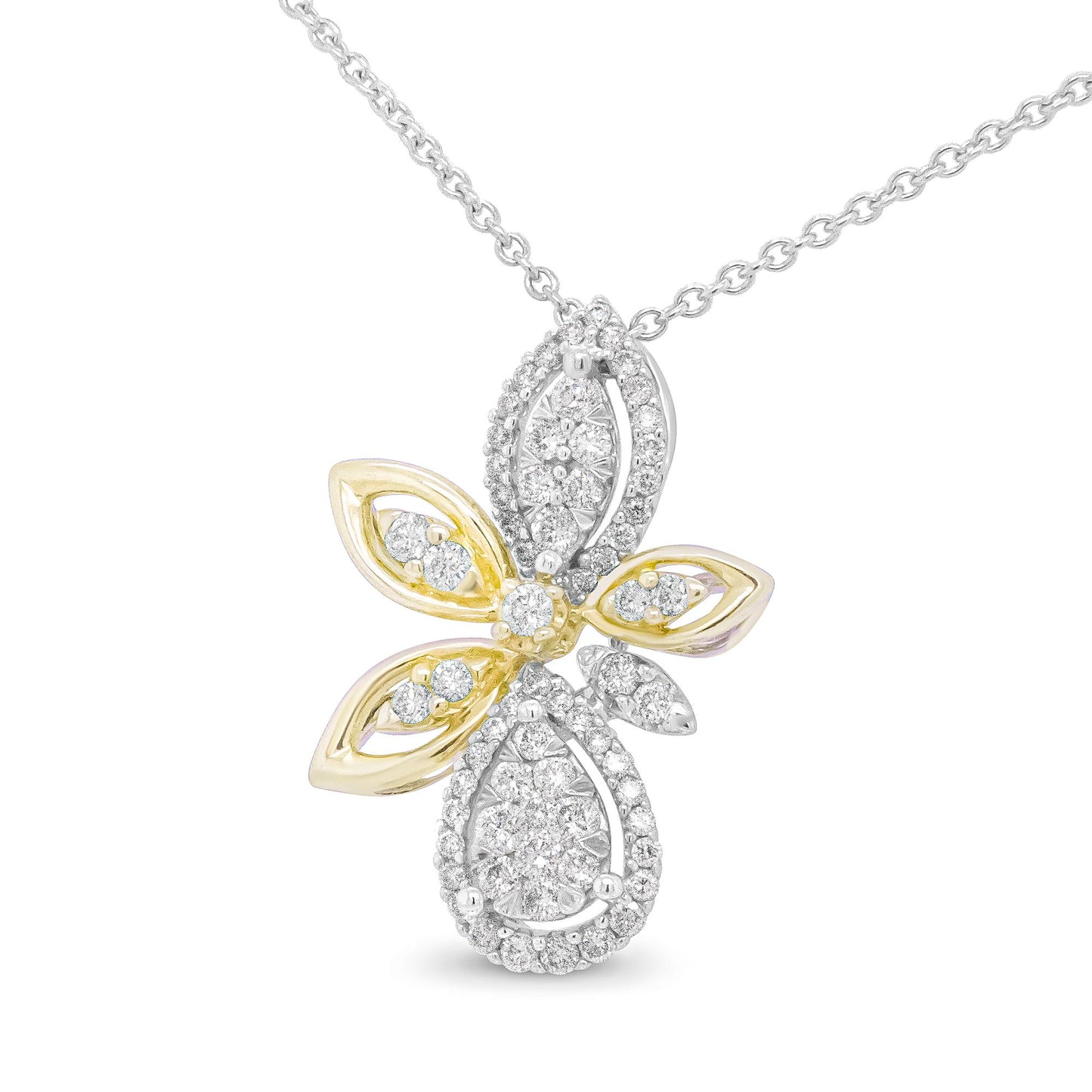 Front-facing close-up of a necklace pendant shaped like a floral cross with yellow and white metal, featuring multiple round white gemstones in prong settings.