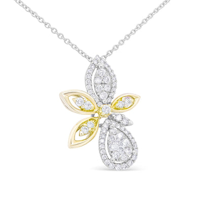 Front view of a necklace pendant shaped like a flower with mixed yellow and white metal petals, adorned with round white gemstones in prong settings.