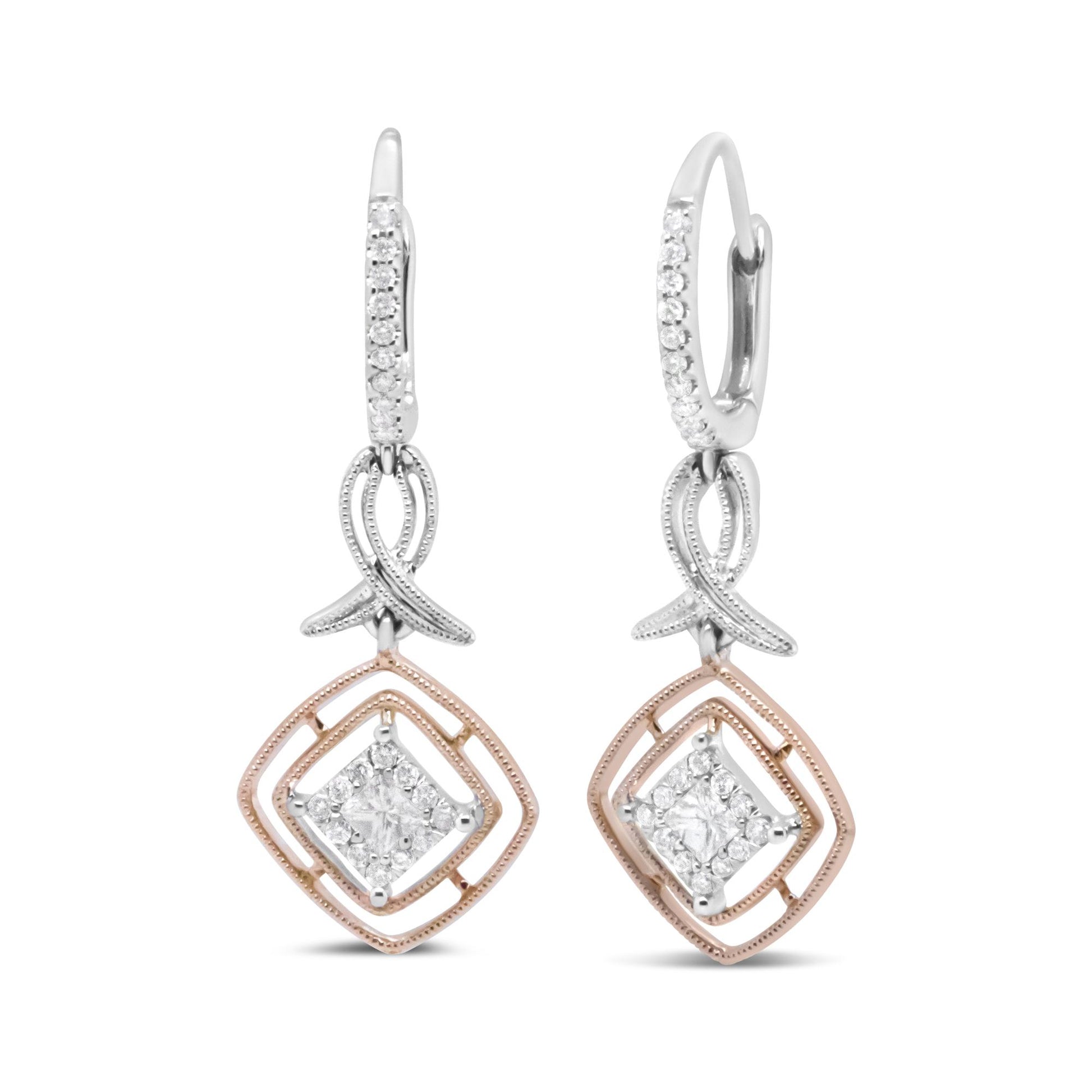 Front-facing shot of white and rose metal drop earrings featuring round and princess shaped white gemstones in prong settings.