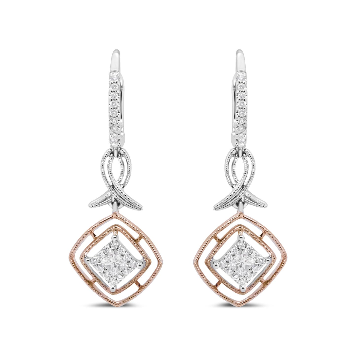 Front view of white and rose metal dangle earrings with round and princess shape white gemstones in prong settings.