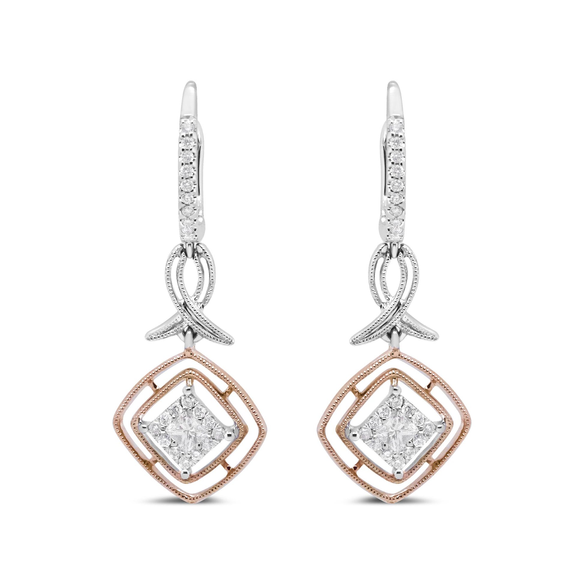 Front view of white and rose metal dangle earrings with round and princess shape white gemstones in prong settings.