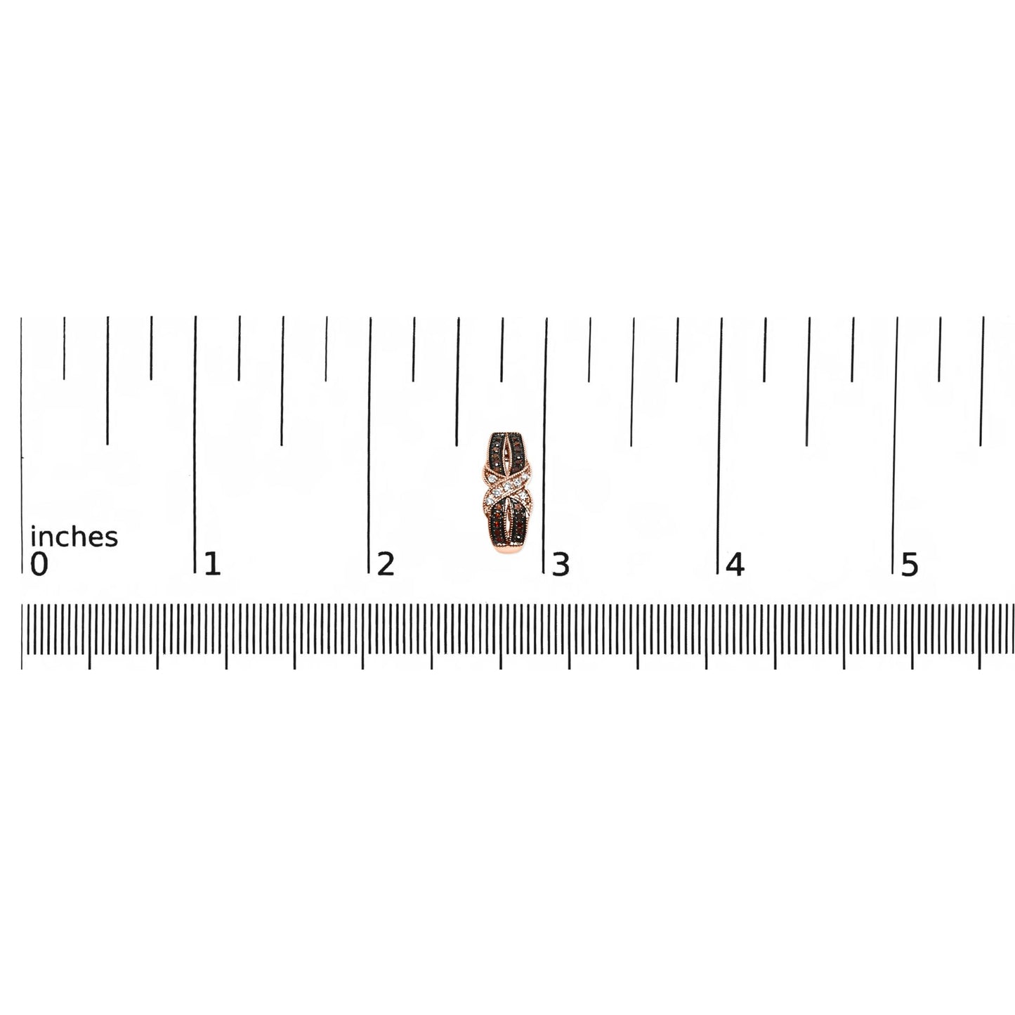 Close-up front view of single rose metal earring with white and brown gemstones in pave setting, placed on a ruler for size reference.