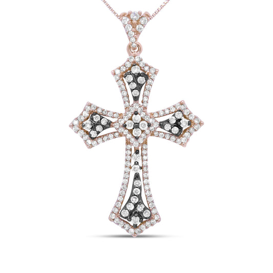 Front-facing shot of a rose metal cross-shaped necklace pendant studded with round white and brown gemstones in prong settings.