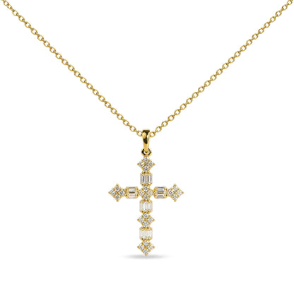 Close-up front view of a yellow necklace with a cross-shaped pendant adorned with round and baguette white gemstones.