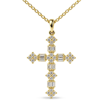 Close-up front view of a yellow metal necklace with a cross-shaped pendant adorned with round white gemstones in prong settings and baguette white gemstones in prong settings, shown on a white background.