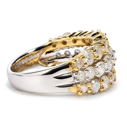Close-up of a jewelry ring shown at an angled side view featuring intertwined yellow and white metal bands with multiple round white gemstones in prong settings.