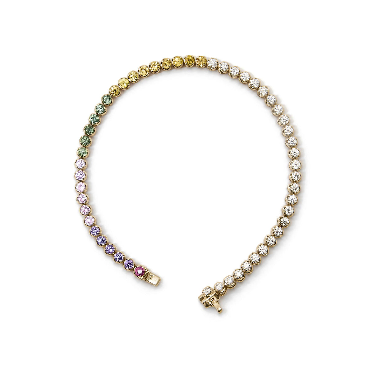 Yellow metal bracelet shown flat in a top-down view, featuring round white gemstones and round yellow, green, pink, and purple gemstones in prong settings along the entire length.