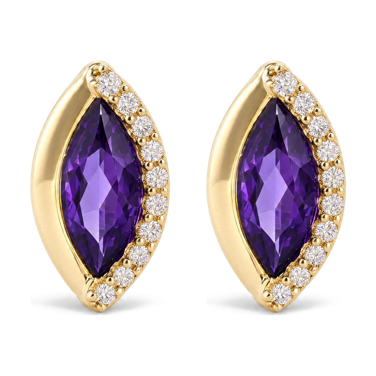 Close-up front view of a pair of yellow metal earrings featuring large marquise-shaped purple gemstones surrounded by round white gemstones in prong settings.