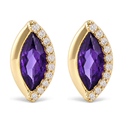 Close-up front view of a pair of yellow metal earrings featuring large marquise-shaped purple gemstones surrounded by round white gemstones in prong settings.