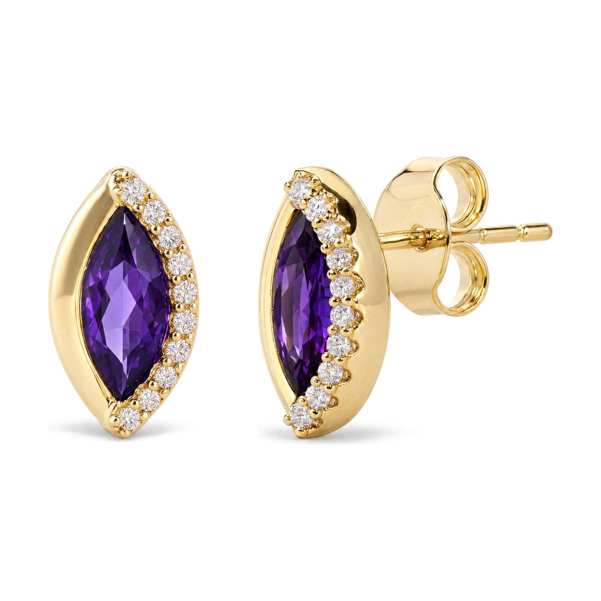 10K Yellow Gold 1/10 Cttw Diamond and Marquise Amethyst Half-Halo Stud Earrings