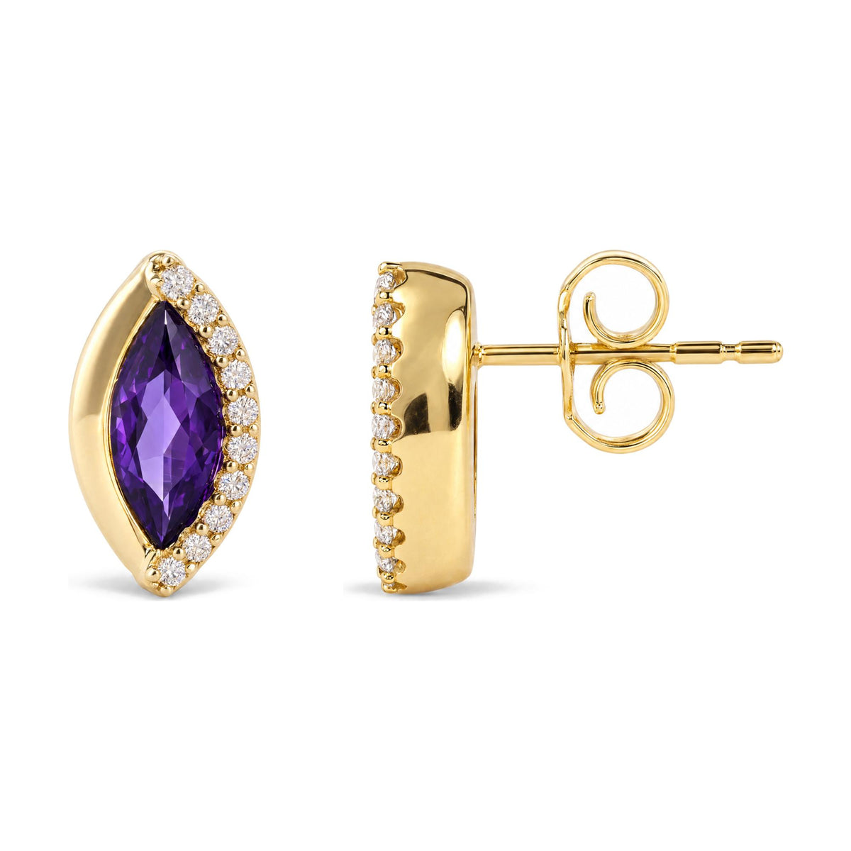 10K Yellow Gold 1/10 Cttw Diamond and Marquise Amethyst Half-Halo Stud Earrings