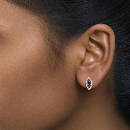 10K Yellow Gold 1/10 Cttw Diamond and Marquise Amethyst Half-Halo Stud Earrings