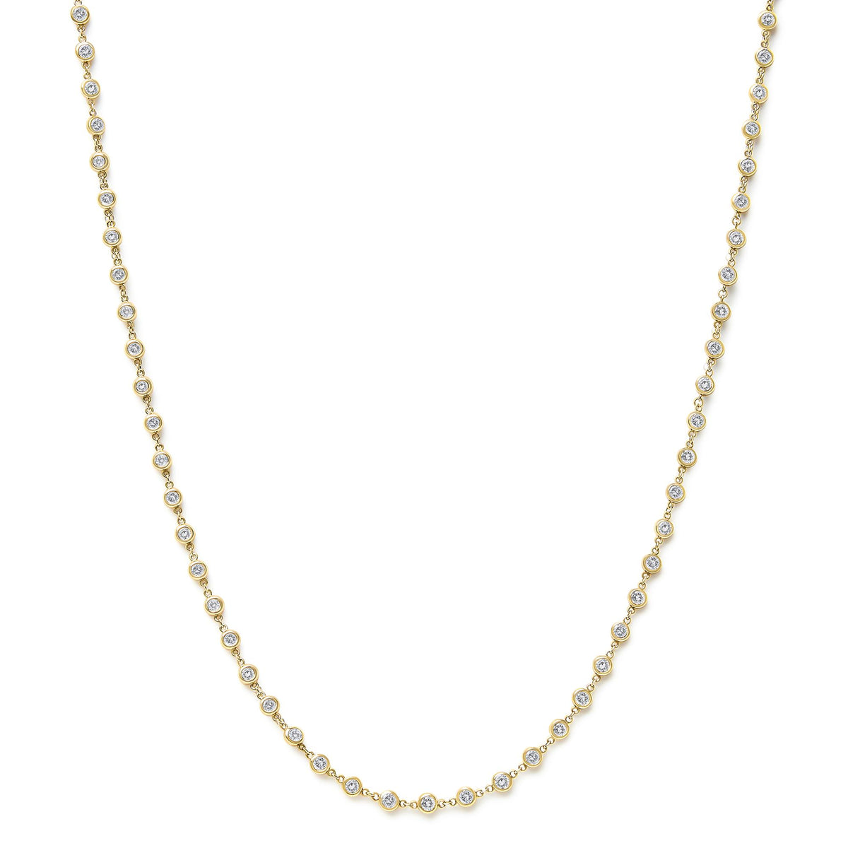 Close-up front view of a yellow necklace featuring round white gemstones in bezel settings linked together.