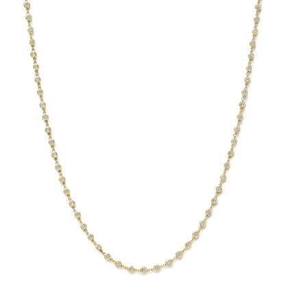 Close-up front view of a yellow necklace featuring round white gemstones in bezel settings linked together.