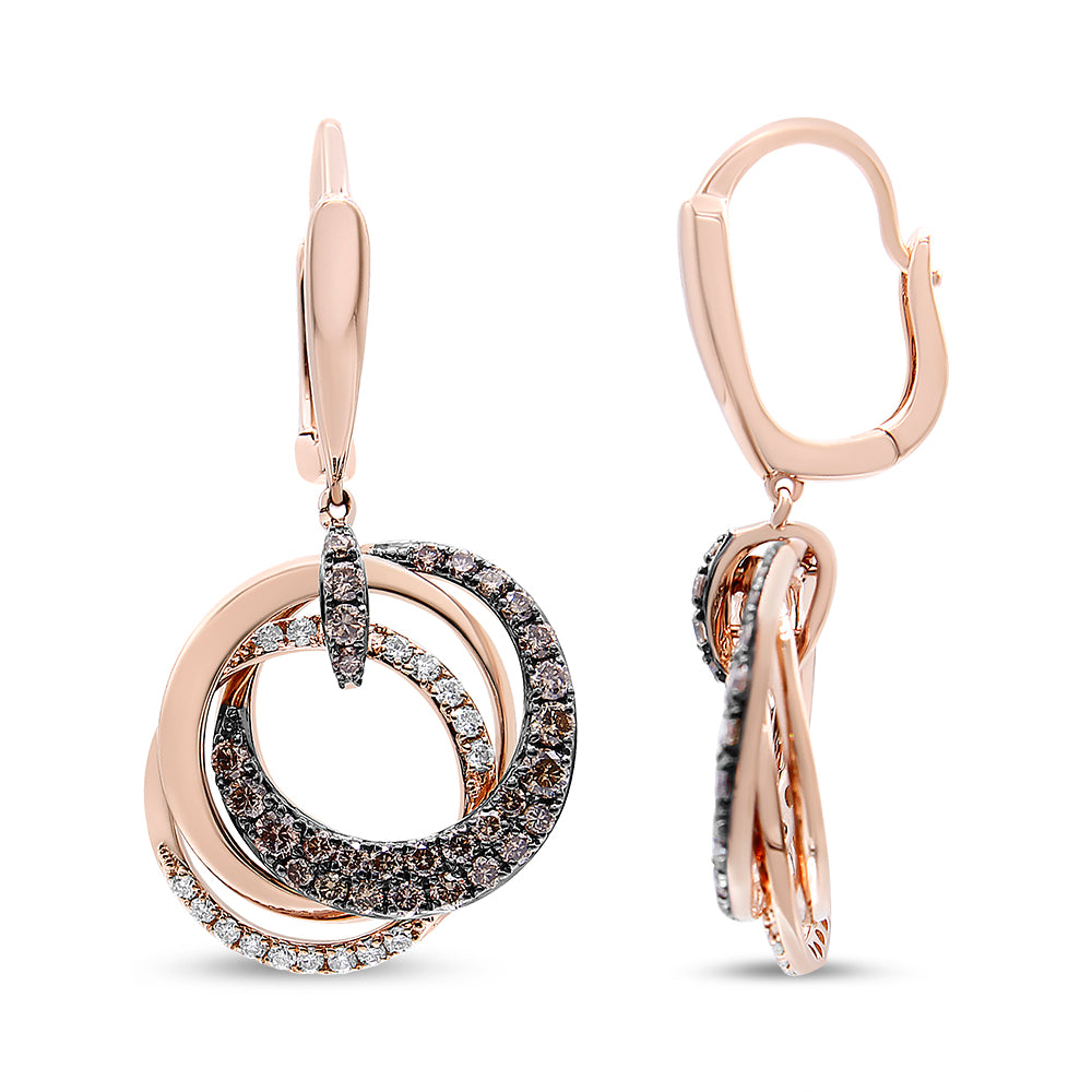 Front and side views of rose metal earrings with interlocking circular loops adorned with white and brown gemstones in pavé and prong settings, shown against a white background.