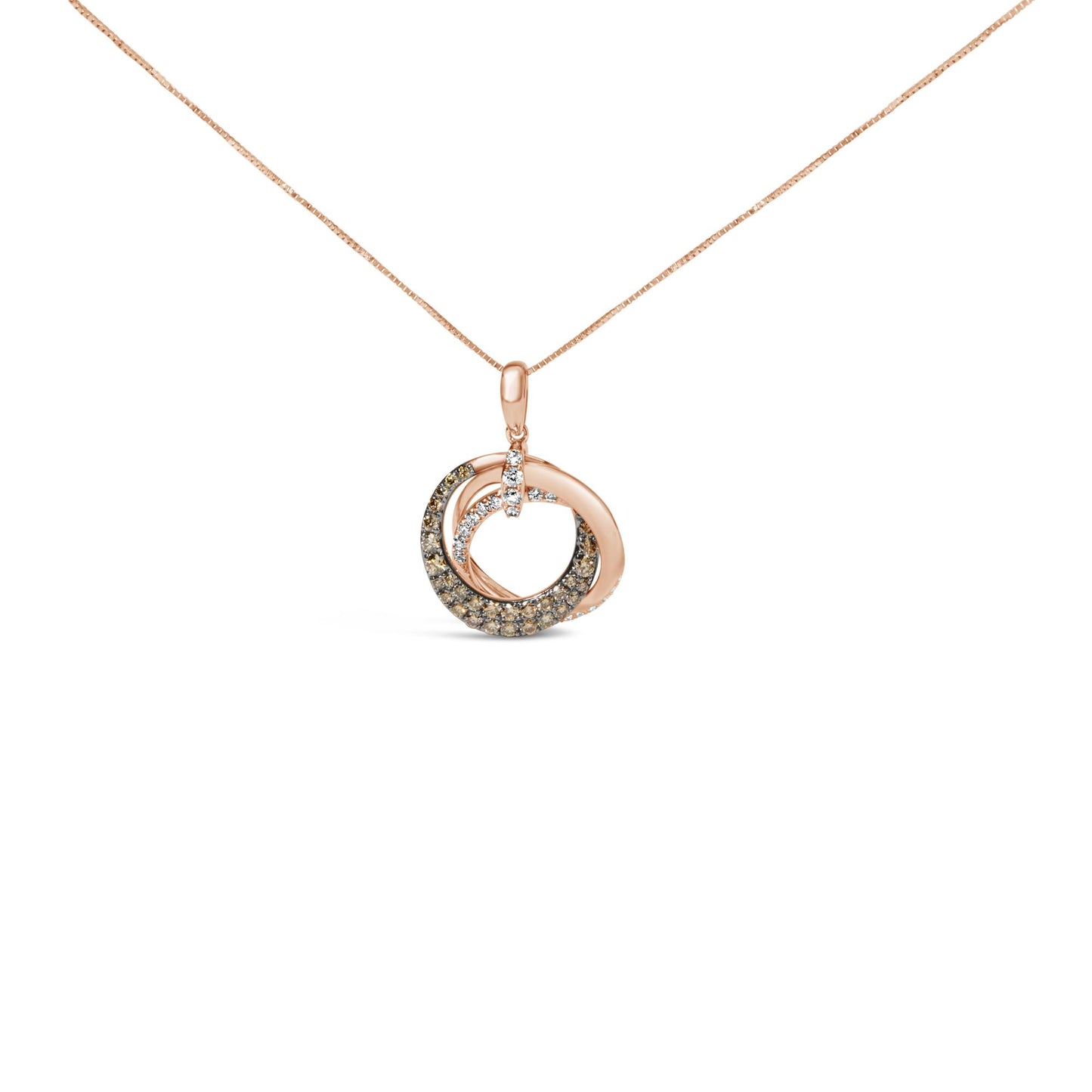 Rose metal necklace with overlapping circular pendant featuring pave set round white and brown gemstones, front facing shot on white background.