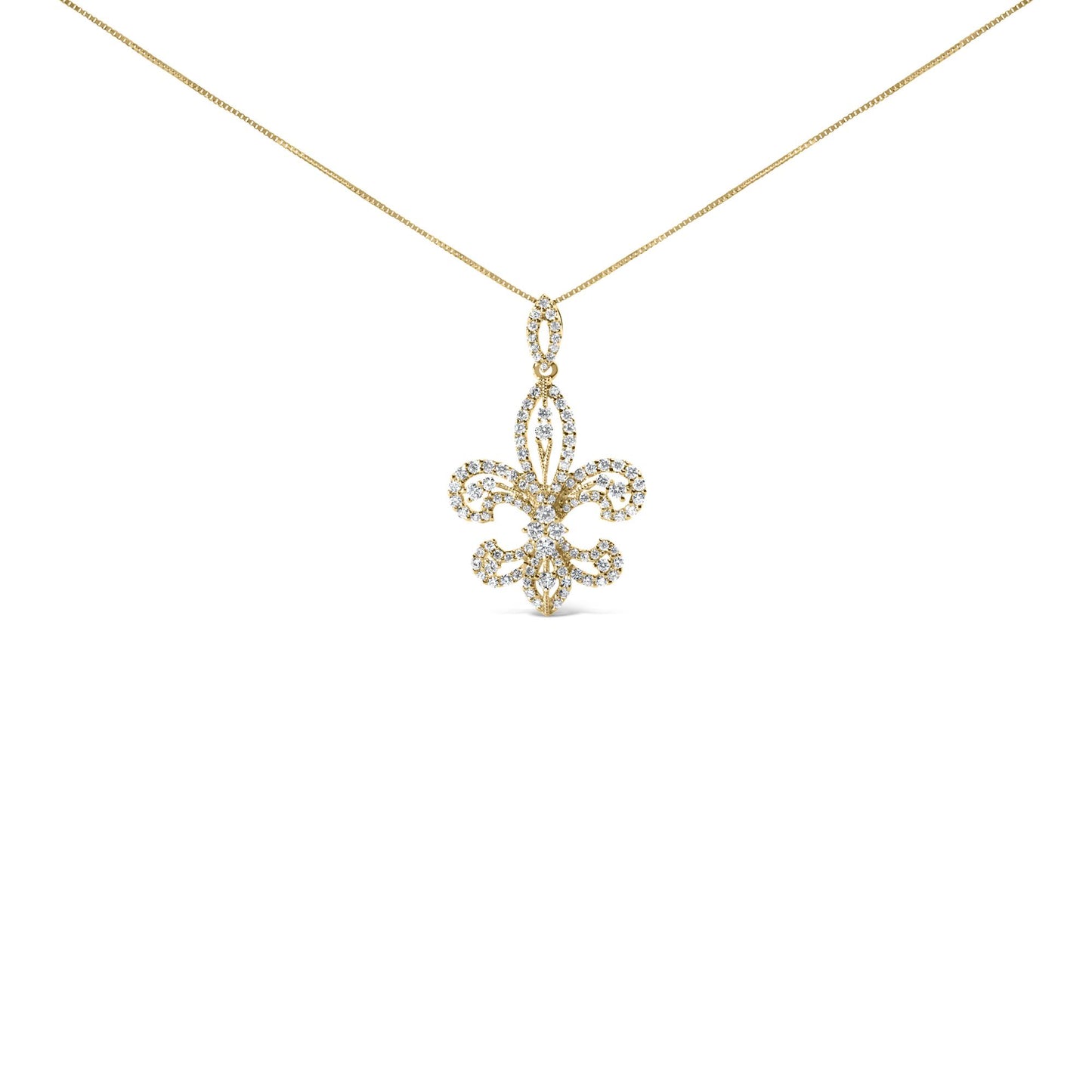 Front-facing shot of a yellow necklace with a fleur-de-lis pendant encrusted with multiple white round gemstones in prong settings, hanging from a fine yellow chain.