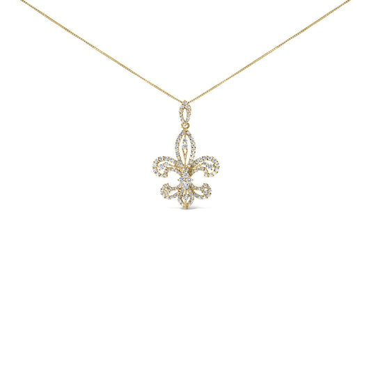 Front-facing shot of a yellow necklace with a fleur-de-lis pendant encrusted with multiple white round gemstones in prong settings, hanging from a fine yellow chain.