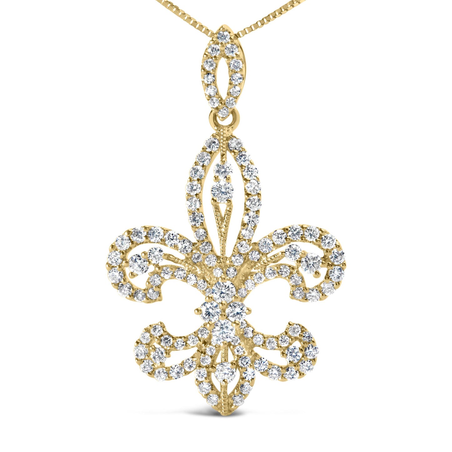 Front view of a yellow necklace pendant shaped like a fleur-de-lis, adorned with multiple small round white gemstones in prong settings.