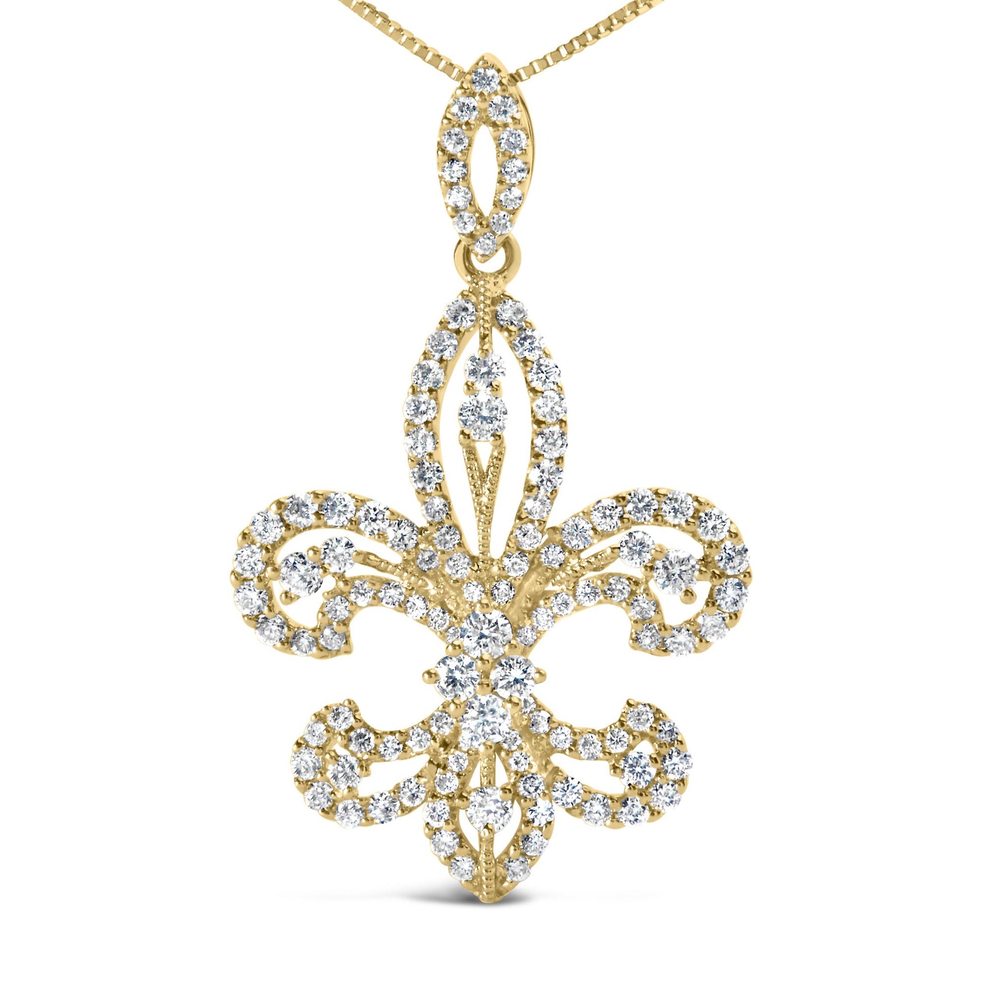Front view of a yellow necklace pendant shaped like a fleur-de-lis, adorned with multiple small round white gemstones in prong settings.