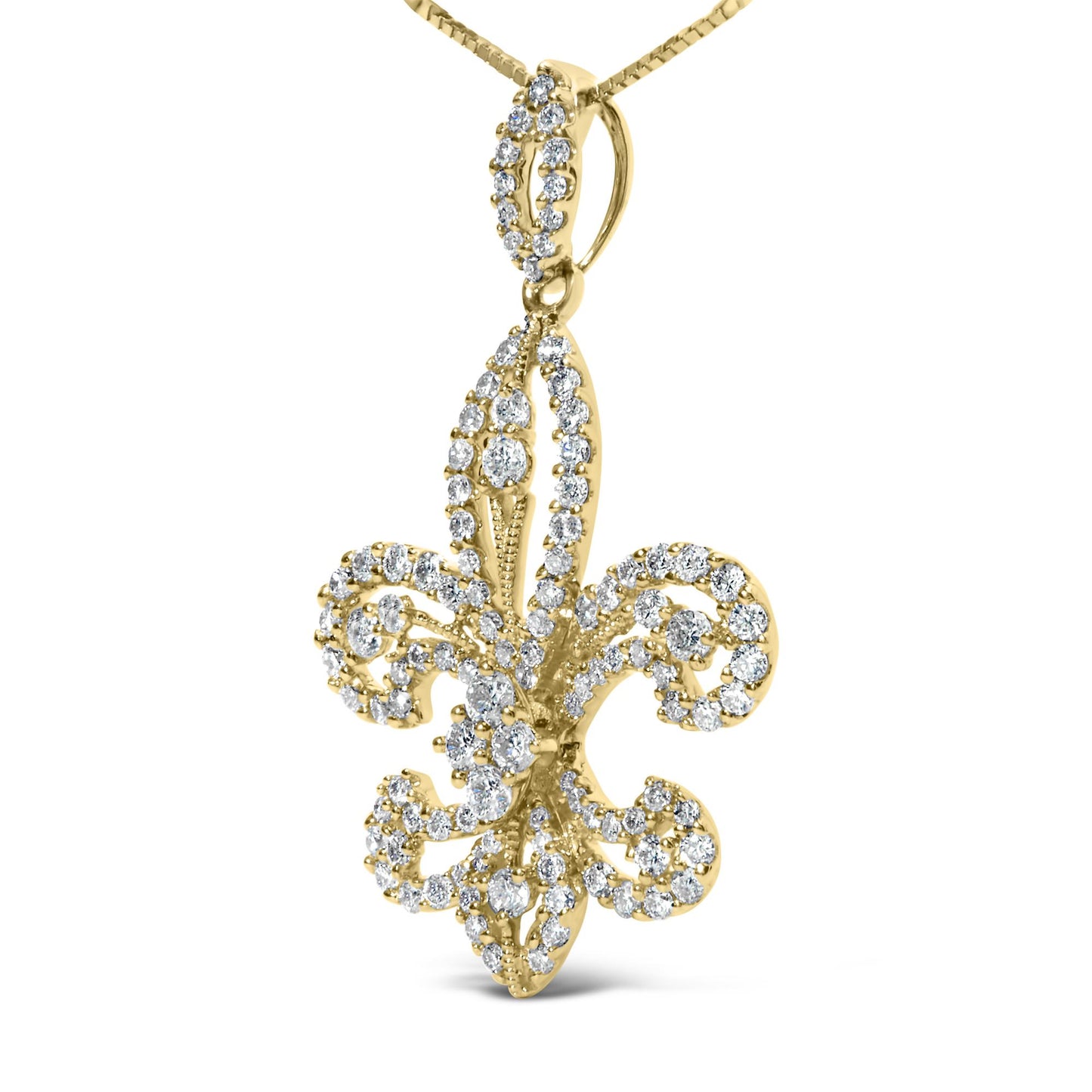 Close-up front angle of a yellow metal necklace pendant in a fleur-de-lis shape studded with multiple round white gemstones in prong settings.