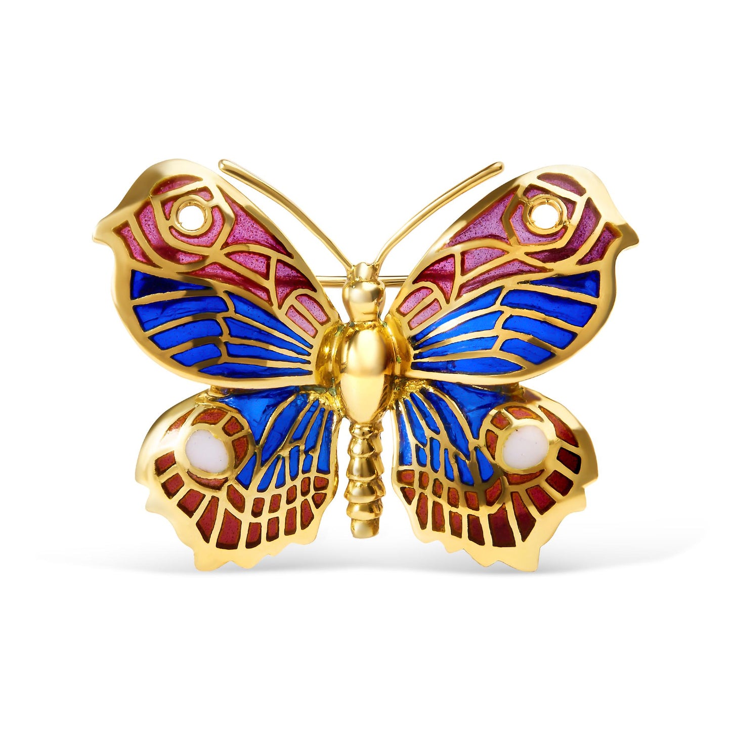 Front angle view of a yellow metal butterfly-shaped brooch with blue, red, and white enamel details.