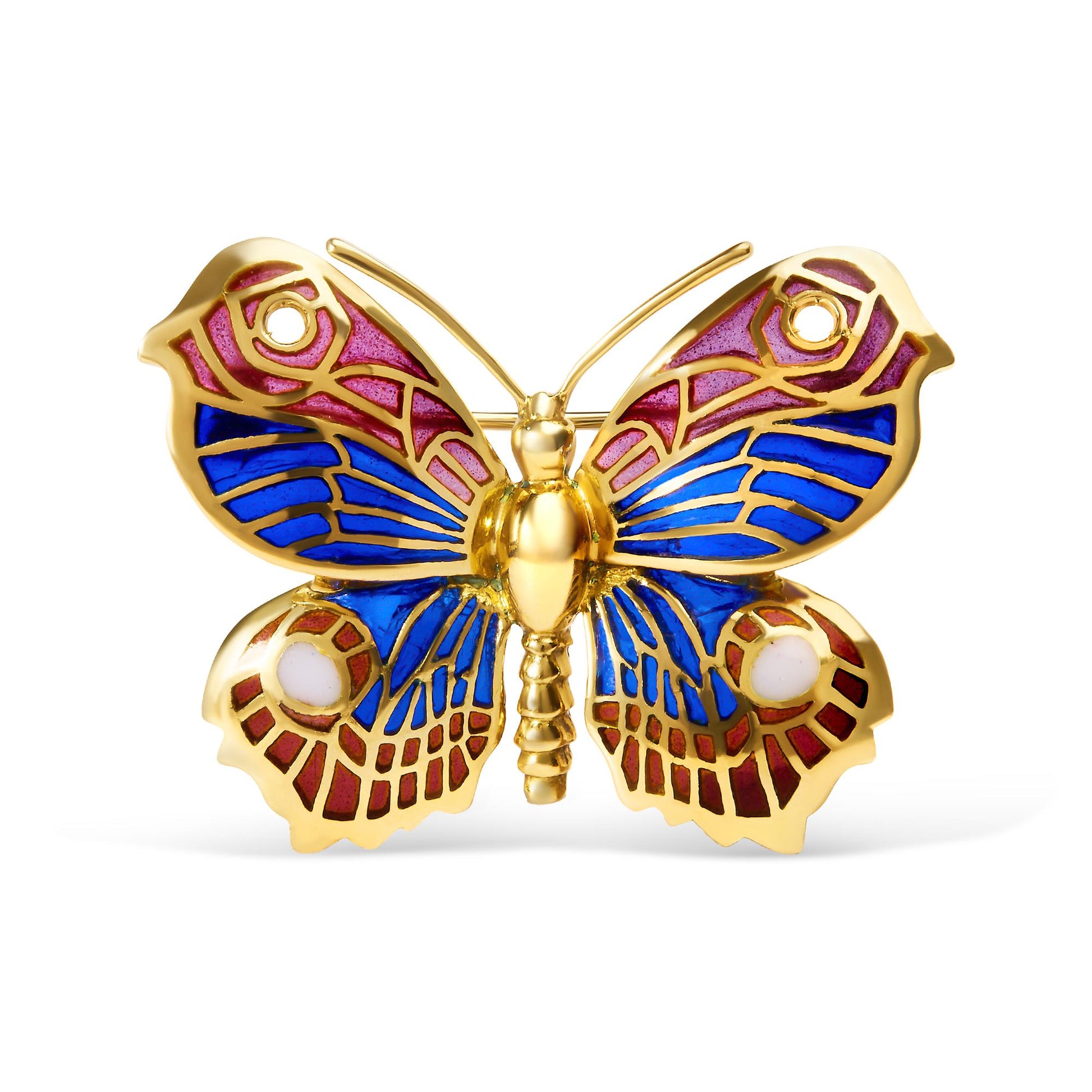 Front angle view of a yellow metal butterfly-shaped brooch with blue, red, and white enamel details.