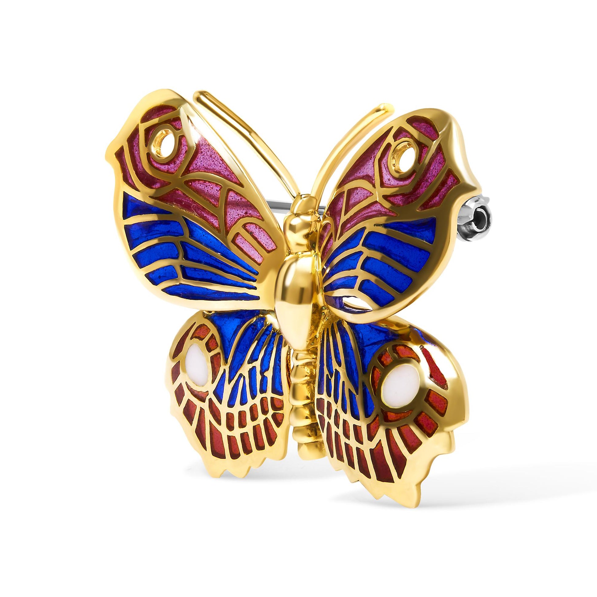 Yellow metal butterfly-shaped brooch with blue, red, and white enamel detailing, shown from a front angle.