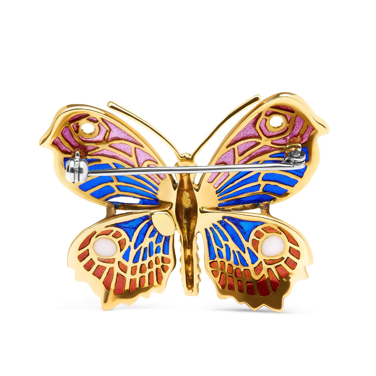 Back view of yellow metal butterfly brooch with pink, blue, red, and white enamel accents, shown against a white background.