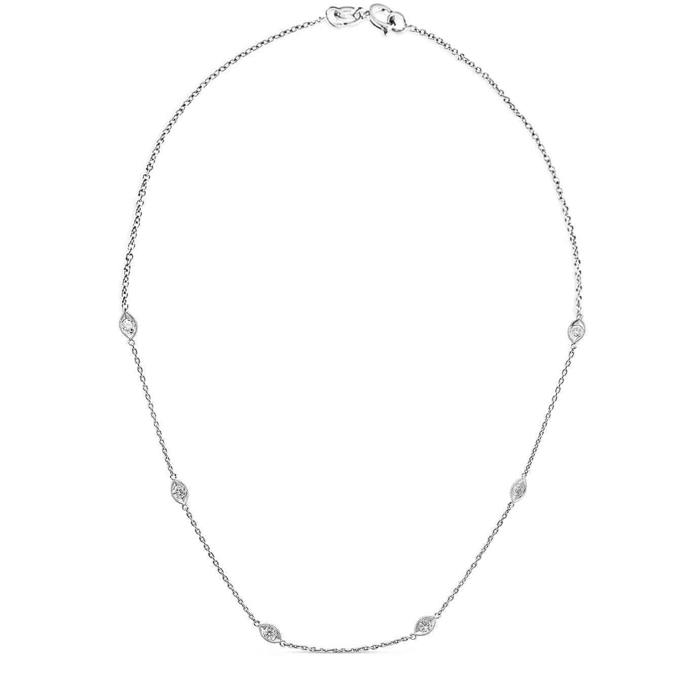 White metal necklace with a delicate chain featuring round white gemstones in bezel settings evenly spaced, shown flat from a top-down angle.