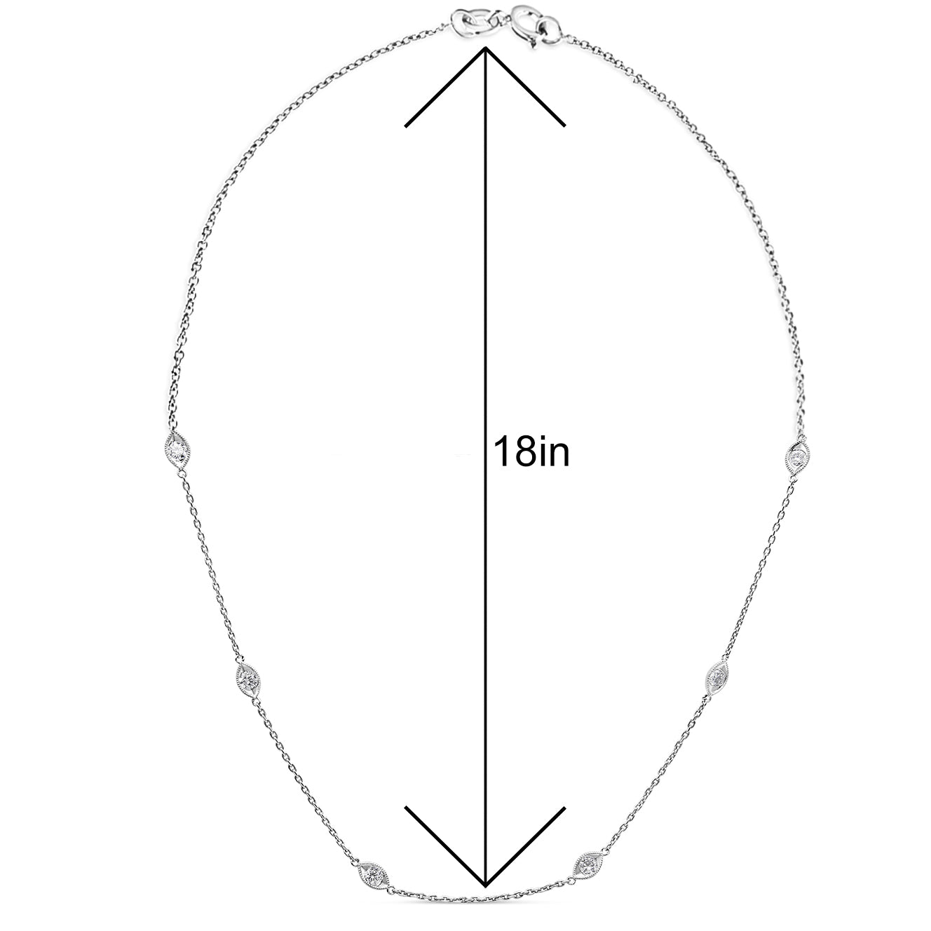 White necklace with round bezel-set white gemstones spaced along the chain, shown flat against a white background with an 18-inch scale reference, top-down angle.