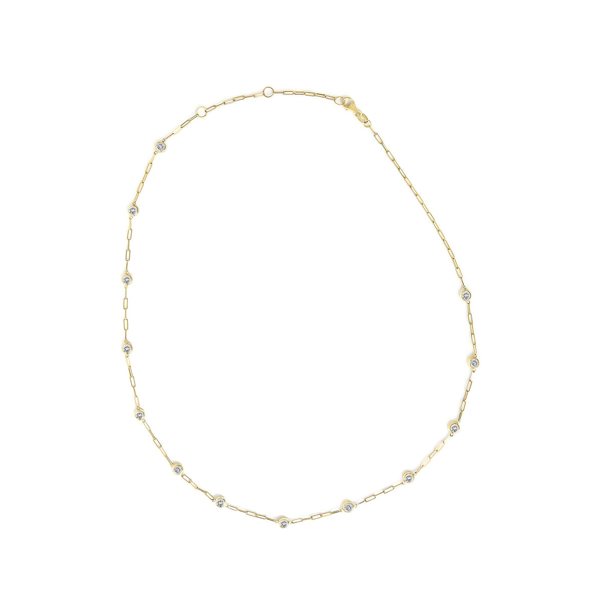 Yellow necklace with chain links and white round gemstones in bezel settings, shown from a top view on a white background.