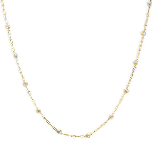 Full view of 14K Gold 1.00 Cttw Round Diamond Paperclip Bezel Set Station Necklace with white background