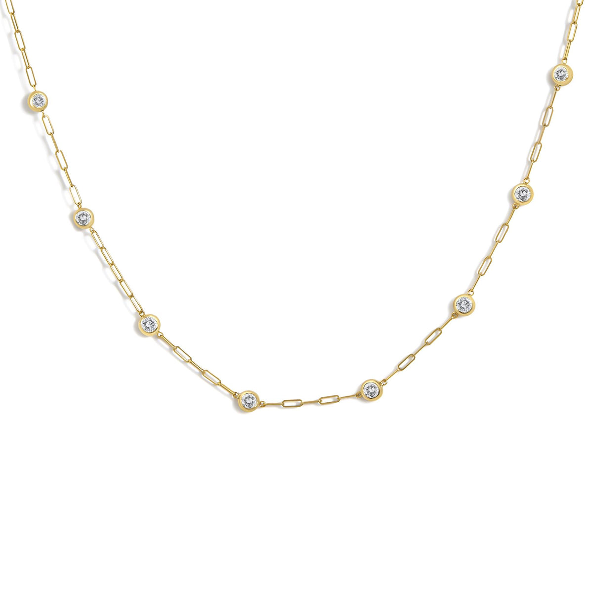 Front view of 14K gold 2.0 cttw diamond paperclip station necklace with round bezel-set stones on white background