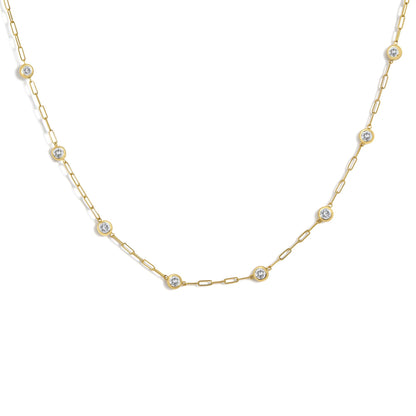 Front view of 14K gold 2.0 cttw diamond paperclip station necklace with round bezel-set stones on white background