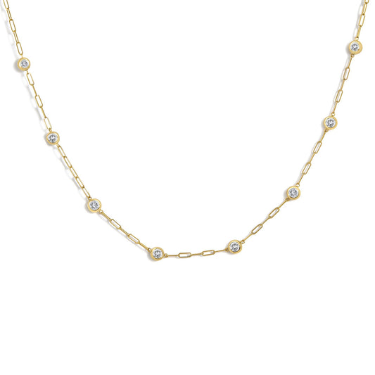 Front view of 14K gold 2.0 cttw diamond paperclip station necklace with round bezel-set stones on white background