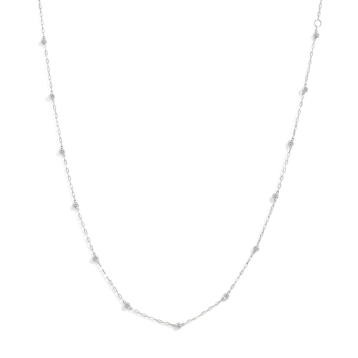 Close-up front view of a white necklace chain featuring round bezel-set white gemstones evenly spaced along the chain, shown on a white background.