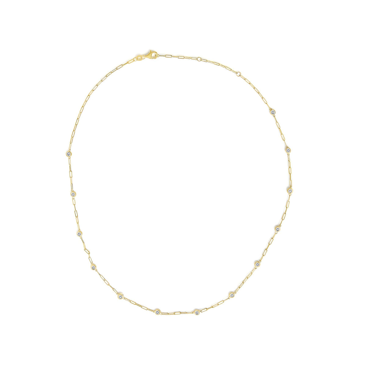 Close-up front view of a yellow metal necklace with round white gemstones in bezel settings spaced evenly along a chain with small oval links, shown on a white background.
