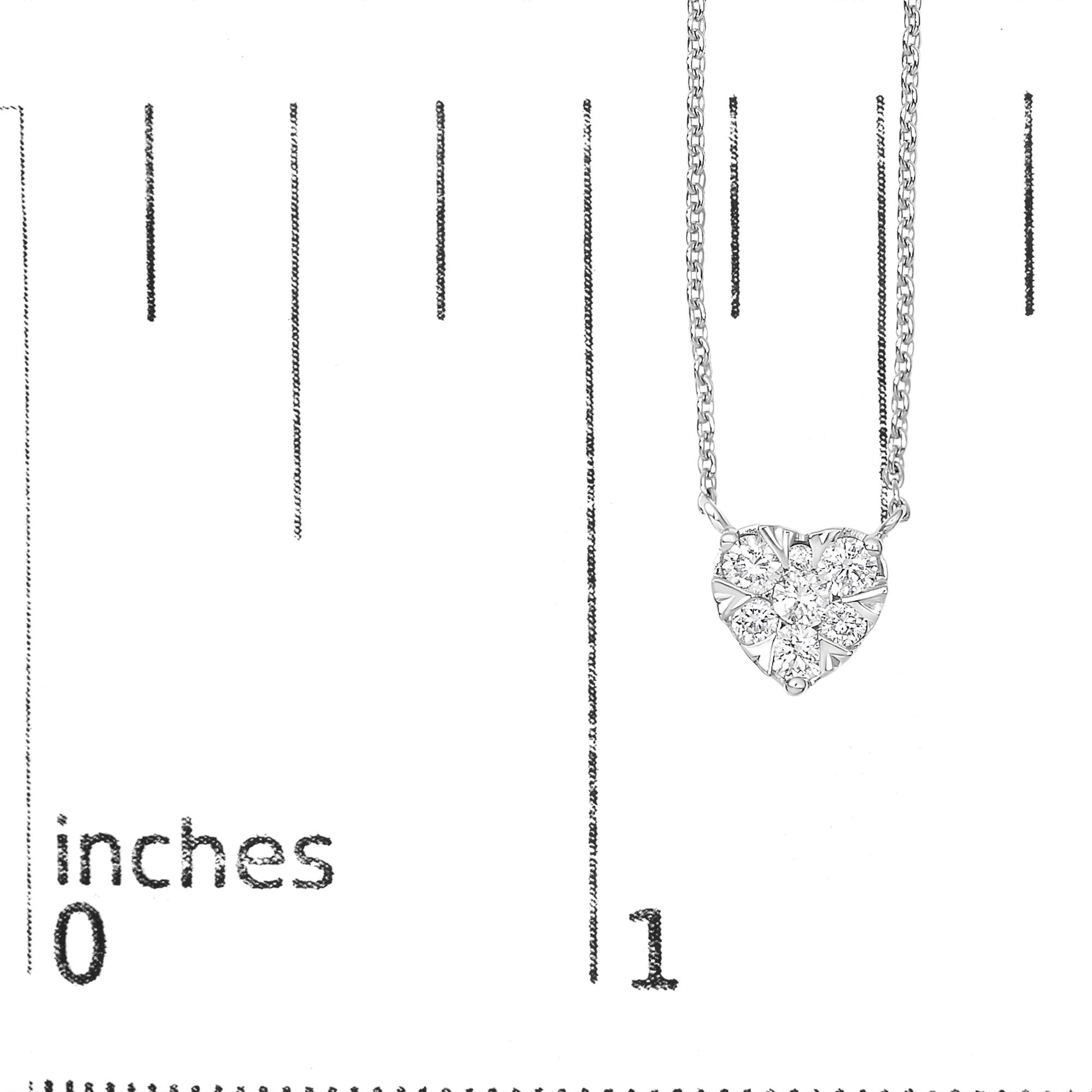 White metal necklace with a heart-shaped pendant featuring round white gemstones in an invisible setting, shown on a scale from a front angle.