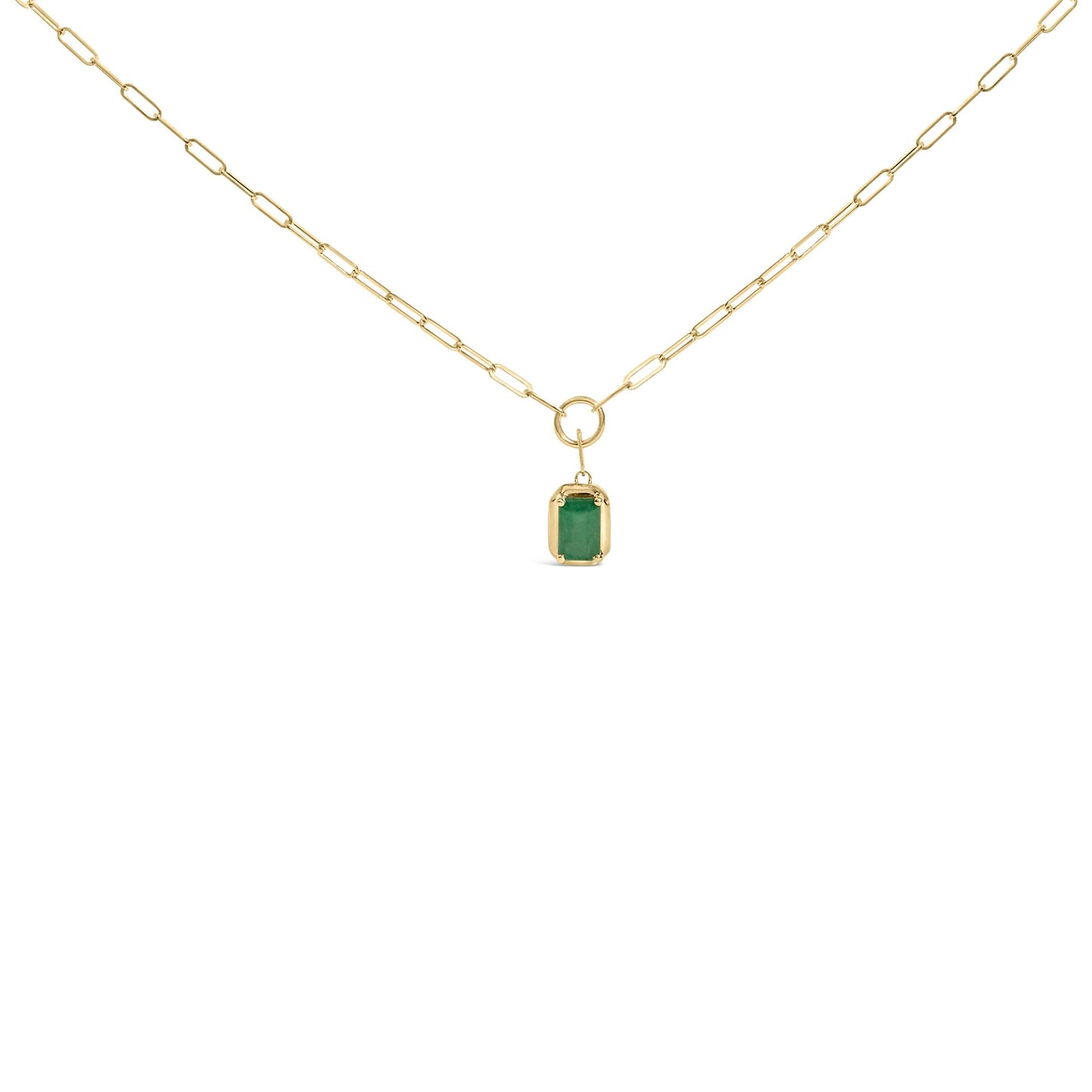 Front view of a yellow metal necklace with a chain link design and a rectangular green gemstone pendant in bezel setting.